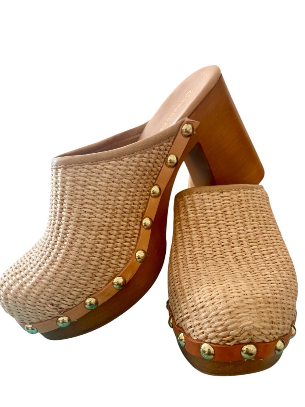 Chocolat Blu Melody Raffia Platform Clogs with Gold Studs-Natural New! US 7-7.5